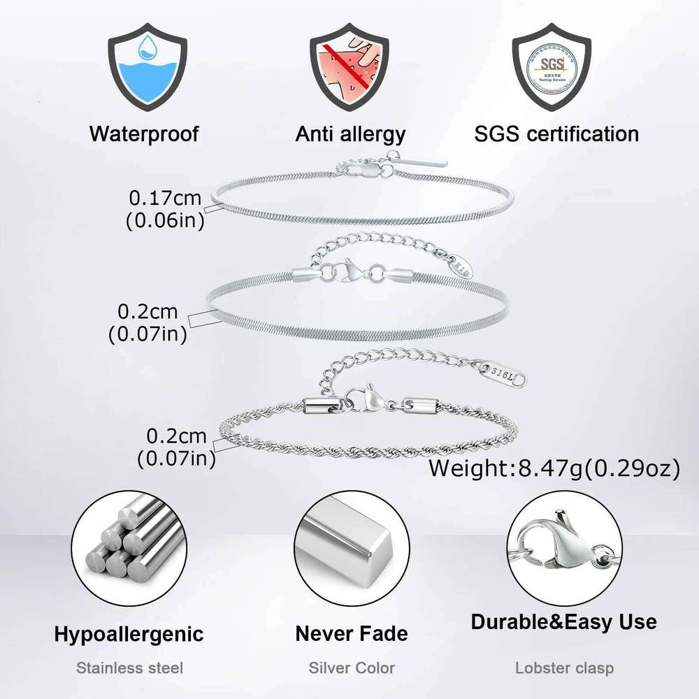 3pcs Men Thin Bracelet,Never Fade Silver Color Twist Chain Wristband,Stylish Punk Jewelry Gift 25T1226