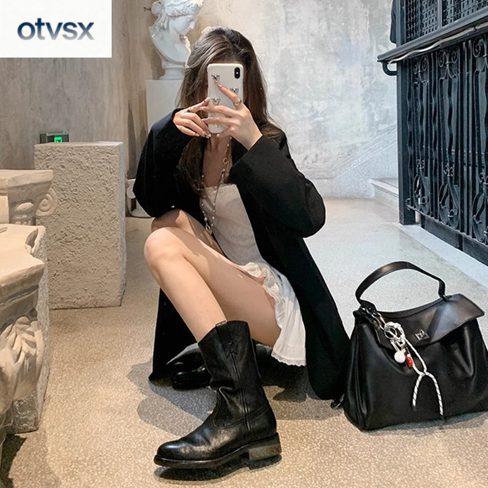 Otvsx French niche design for autumn and winter, paired with leather V-shaped cut Western style boots, thick and elegant luxury women's boots