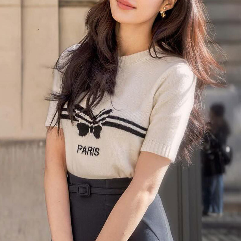 Ladies Cashmere Bow Knit Short Sleeve Top Designer Vintage Luxury Crewneck Letter Embroidery Classic Pullover Party Chic Soft Warm Elegant T-shirt For