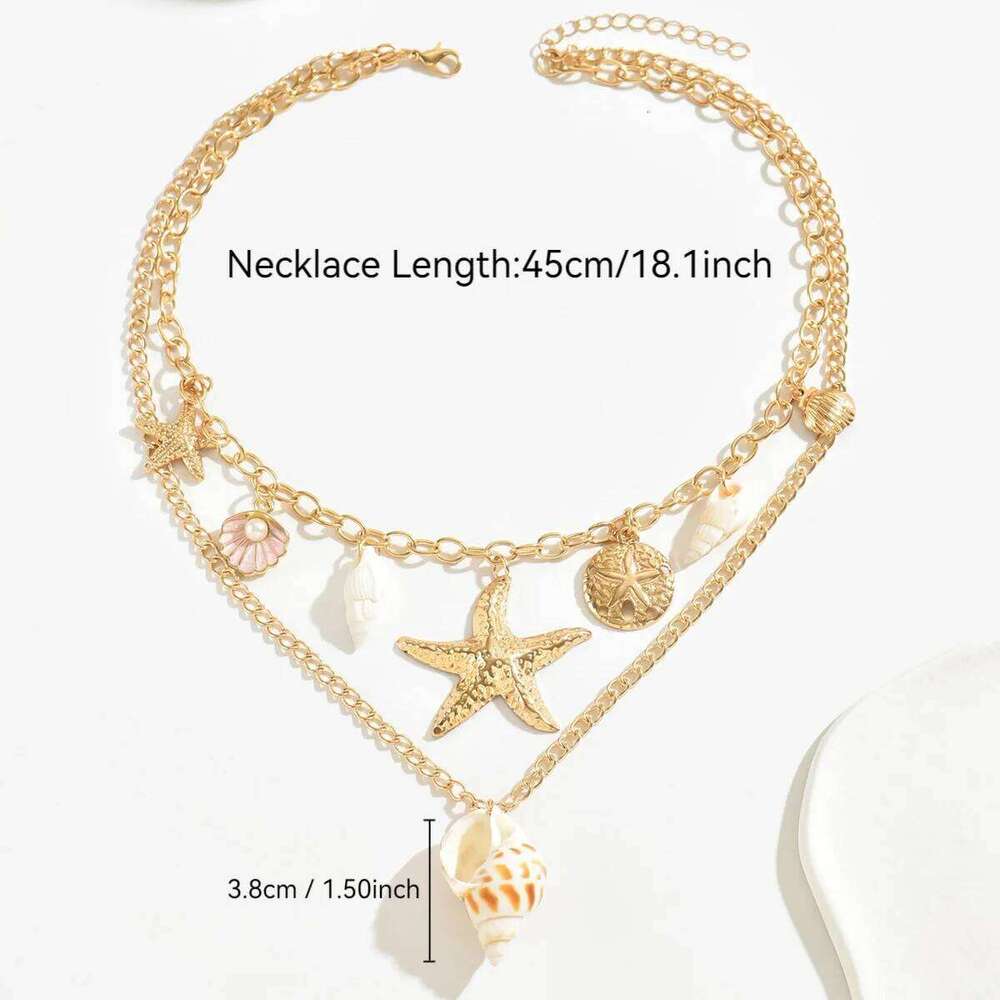 MHS.SUN Summer Shell Starfish Conch Pendant Necklace for Women Bohemian Metal Gold Color Chic Beach Jewelry Vacation Party Gift 25N1226