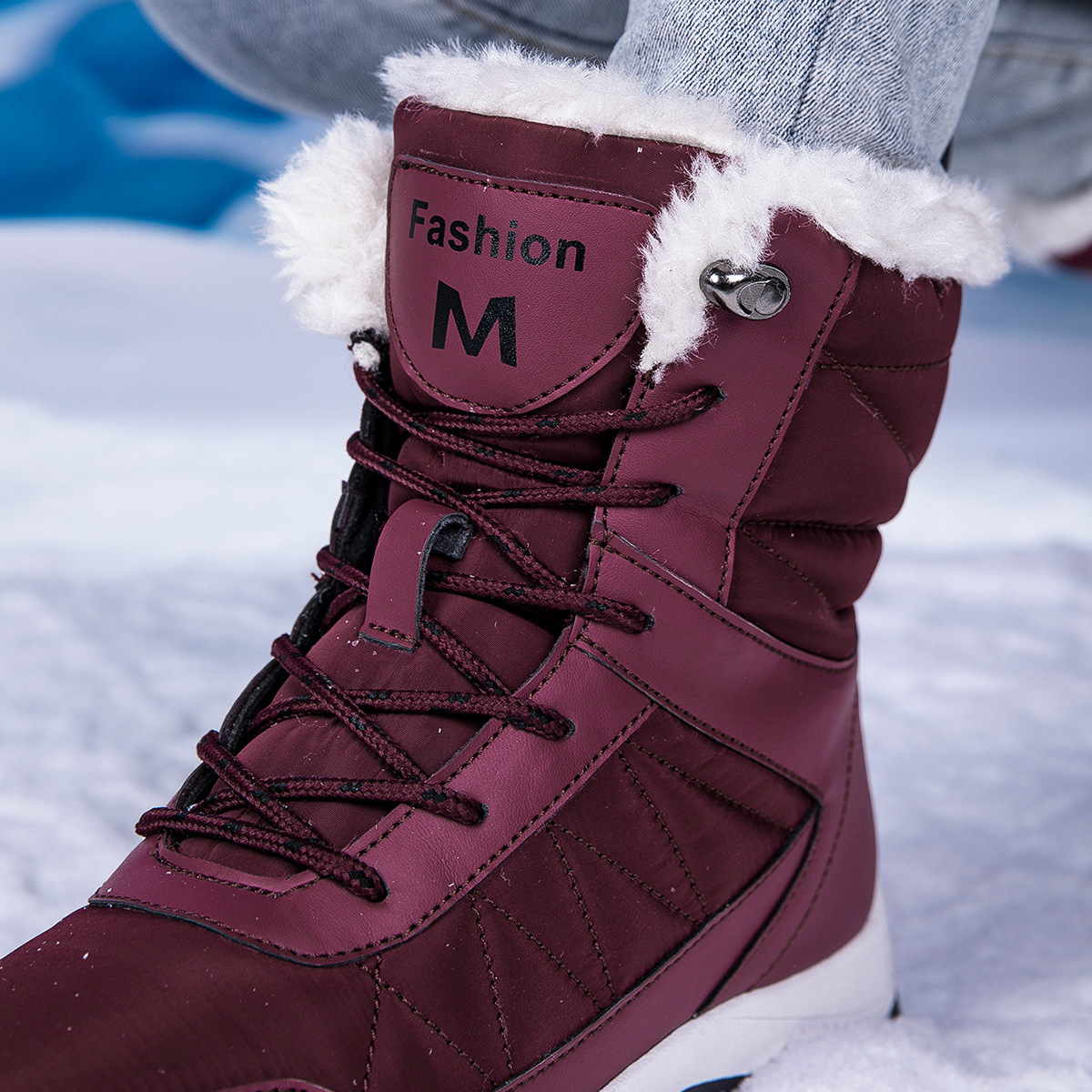 Women's Snow Winter Fleece Lined Thickened New Style Northeast Cotton Shoes Waterproof Non-Slip Outdoor Skiing Mid-Calf Cold-Proof Boots