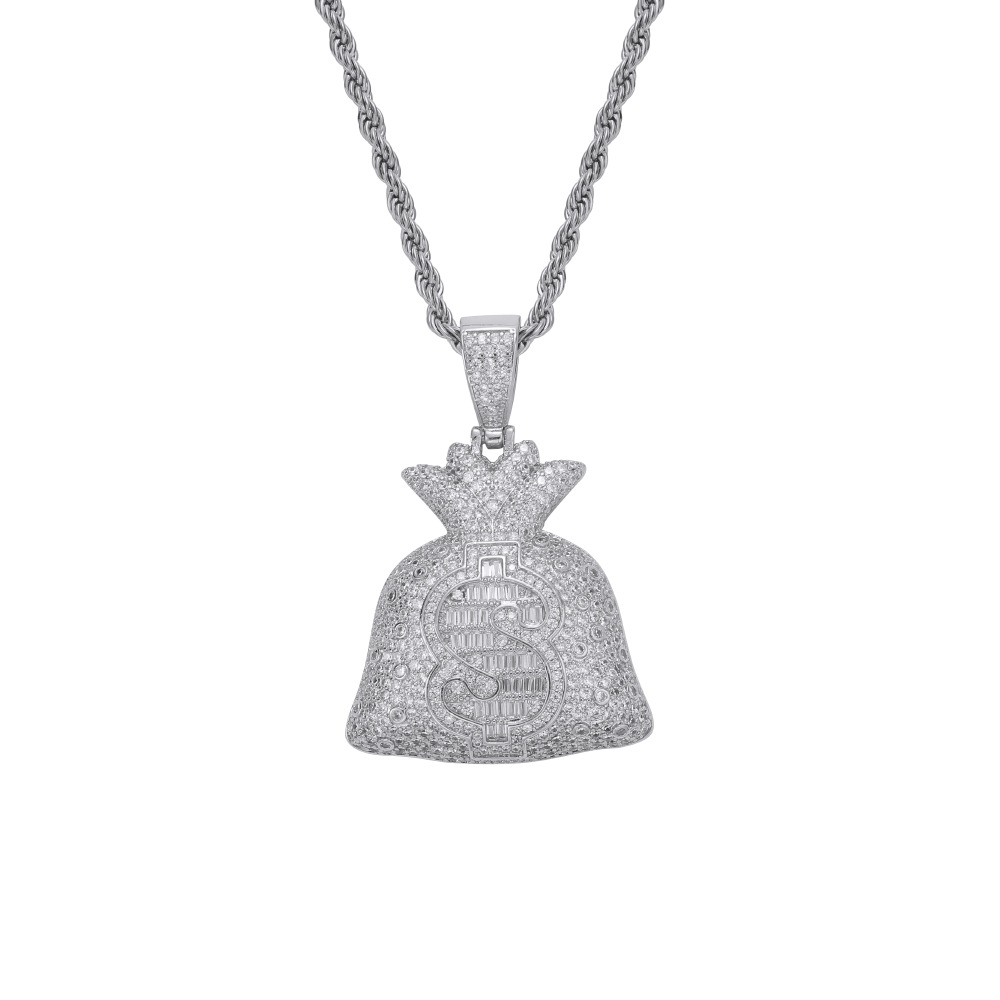 Hip Hop Dollar Purse Pendant Necklace Bling Zircon 18K Real Gold Plated Men Women Jewelry Gift