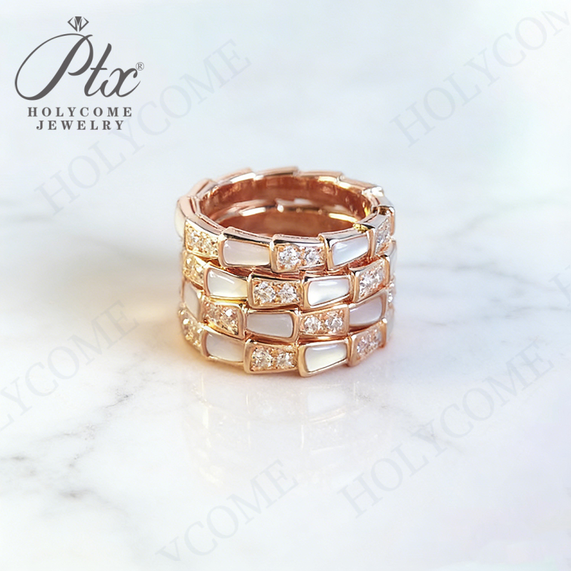 Boutique High Snake Bone Ring Plated with 18k Rose Gold Full of Zircon Diamonds White Mother of Pearl Snake-shaped Ring