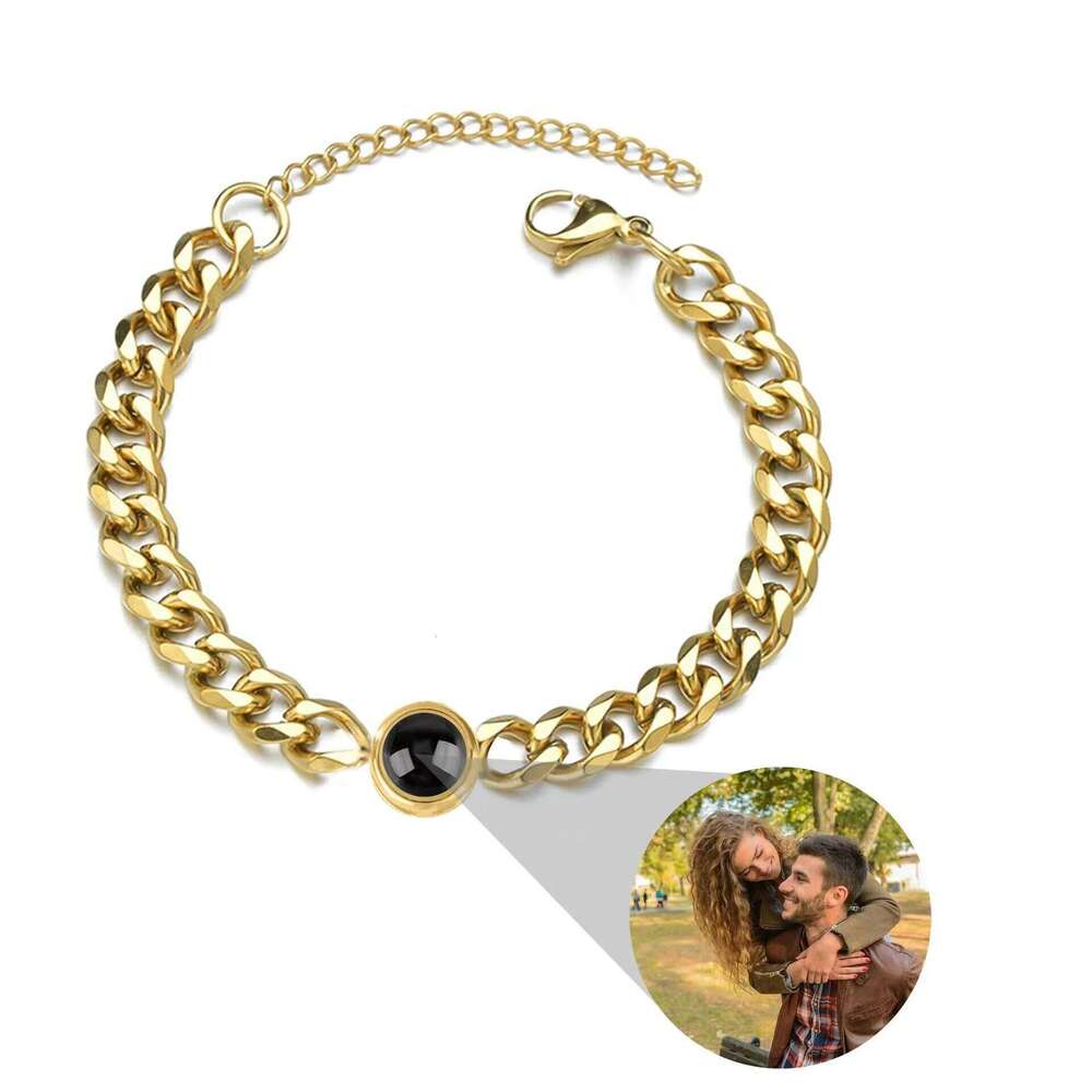 17+5cm Stainles Cuban Personalized Circle Photo Bracelet Custom Projection Personality Memorial Birthday Christmas Gift 25T1226