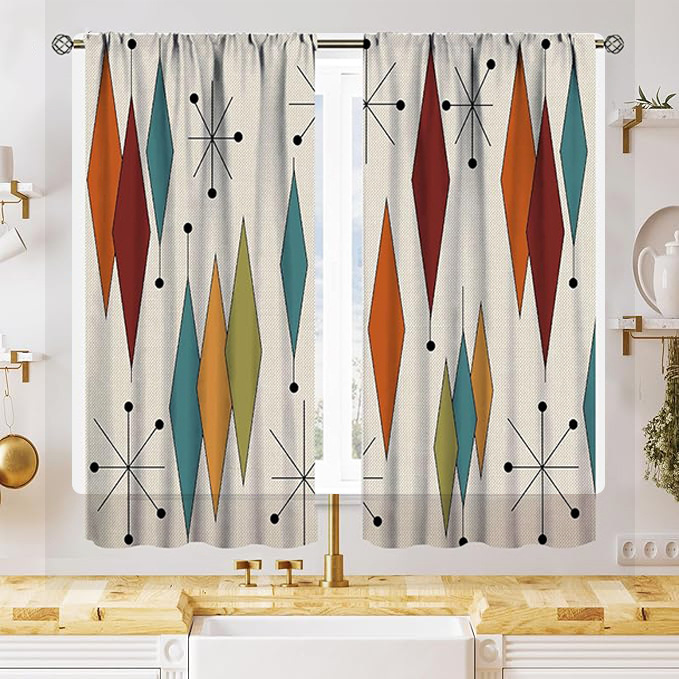 YL-38051 New Simple Geometric Pattern Cute Cat Print Curtain for Kitchens, Cafes, and Restaurants - Decorative Window Valance