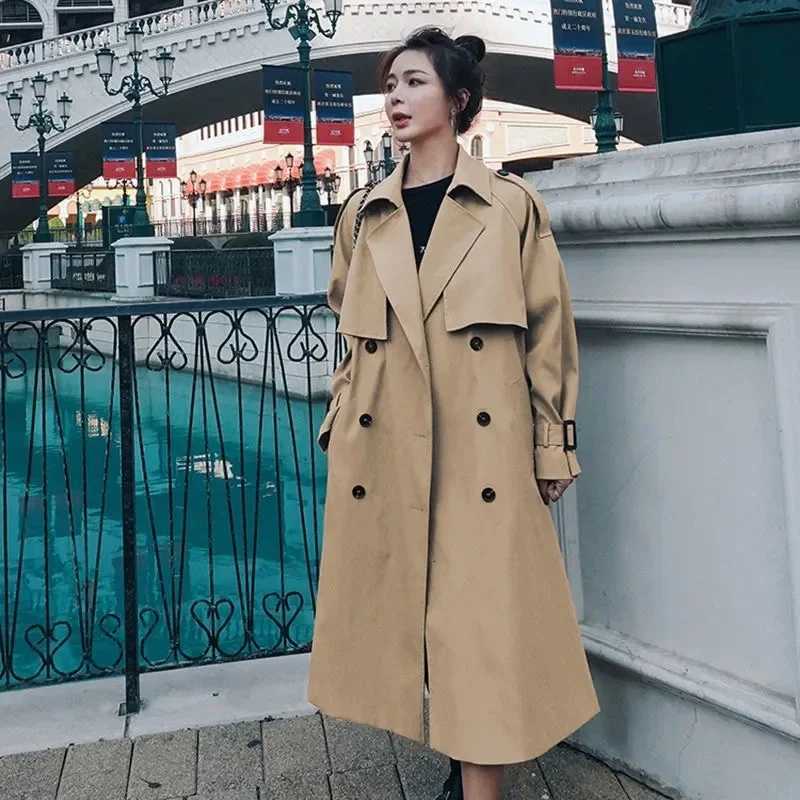 Black Khaki Womens Trench Coat 2025 Spring Autumn New Temperament Lapel Long Overcoat Female With belt Casual Windbreaker CoatsT251226