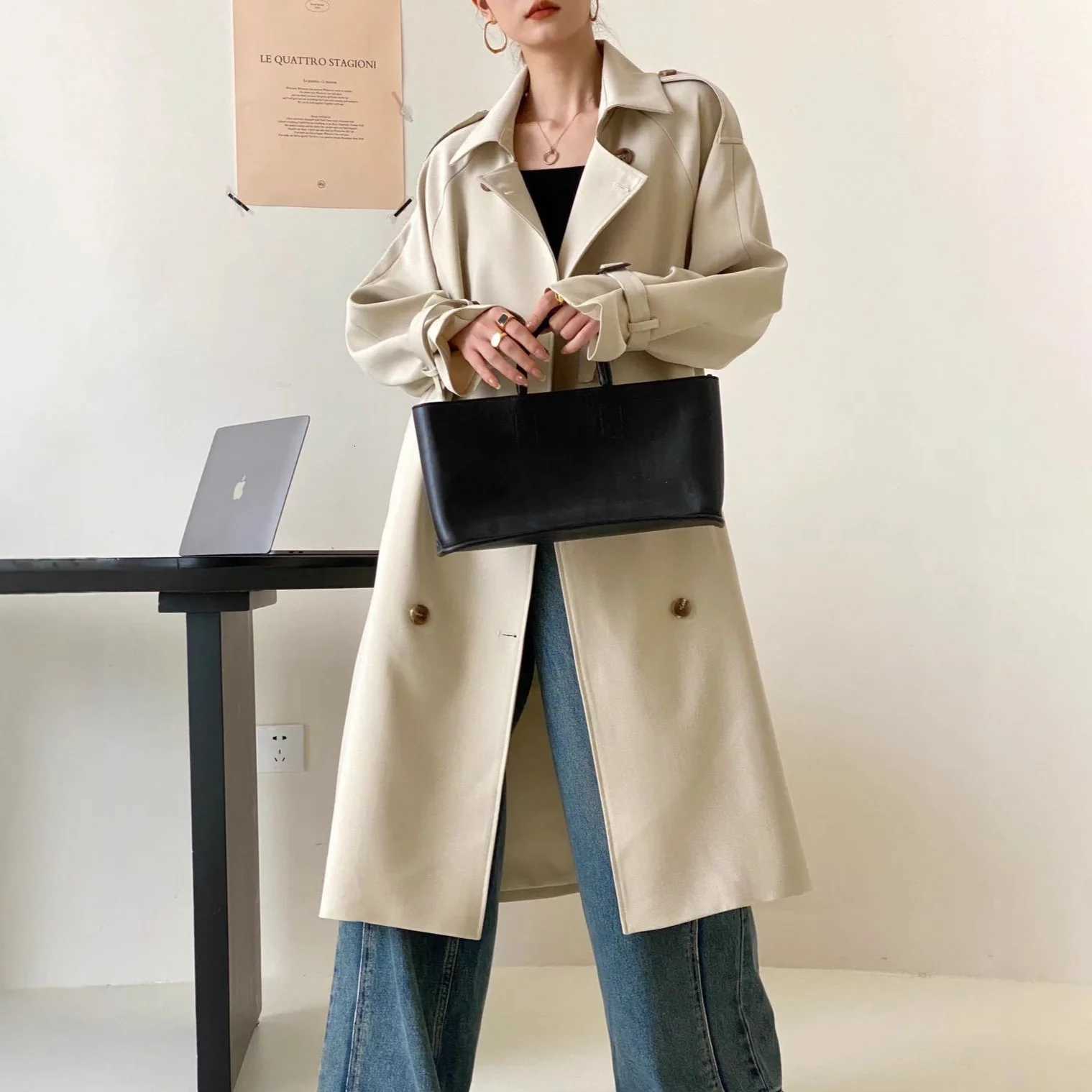 Women Solid Trench Long Sleeve Jacket Double Breasted Coats Cardigan Outerwear Spliced Loose Fit 2025 Pockets Basics AutumnT251226
