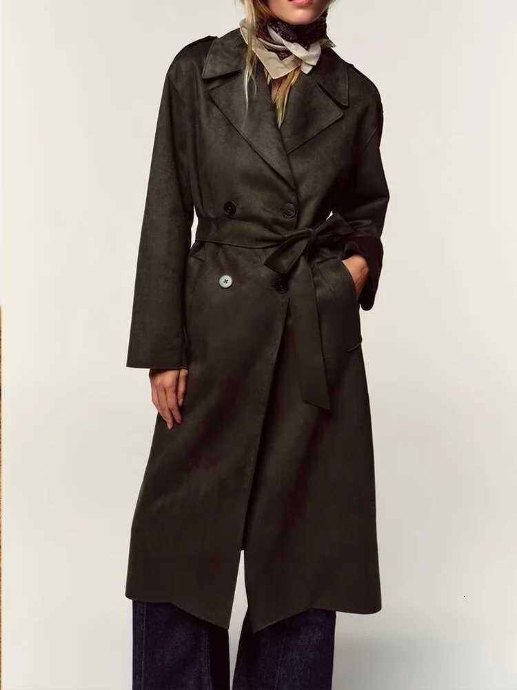 European style new womens fashionable and versatile solid color long trench coat with belt and suede effectT251226