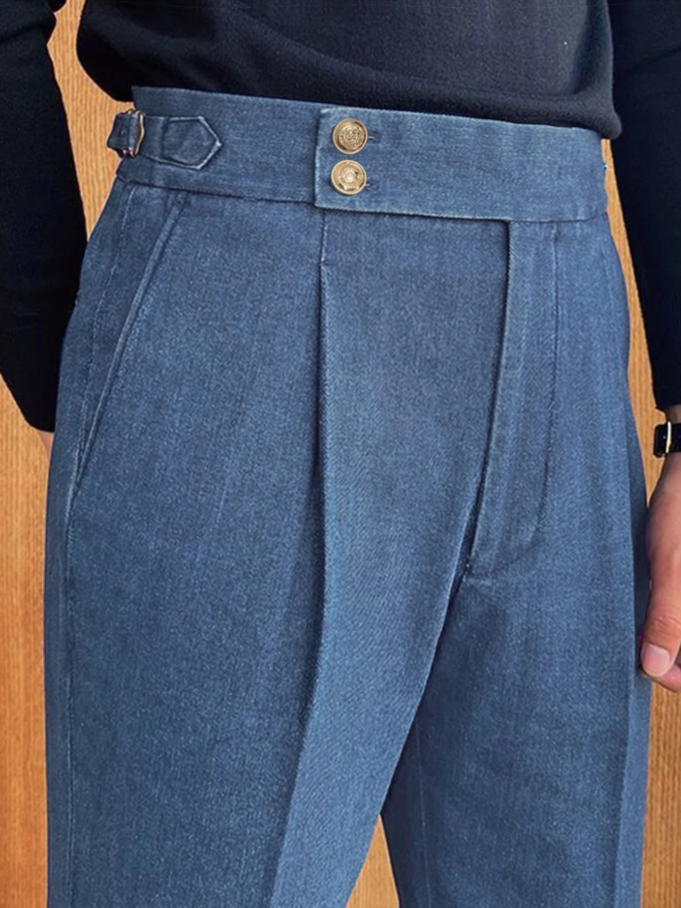 Mens HighWaist Dress Pants Autumn Winter Style Elegant Italian Neapolitan Plain Button Pleated High Waist Jeans Busi 251226