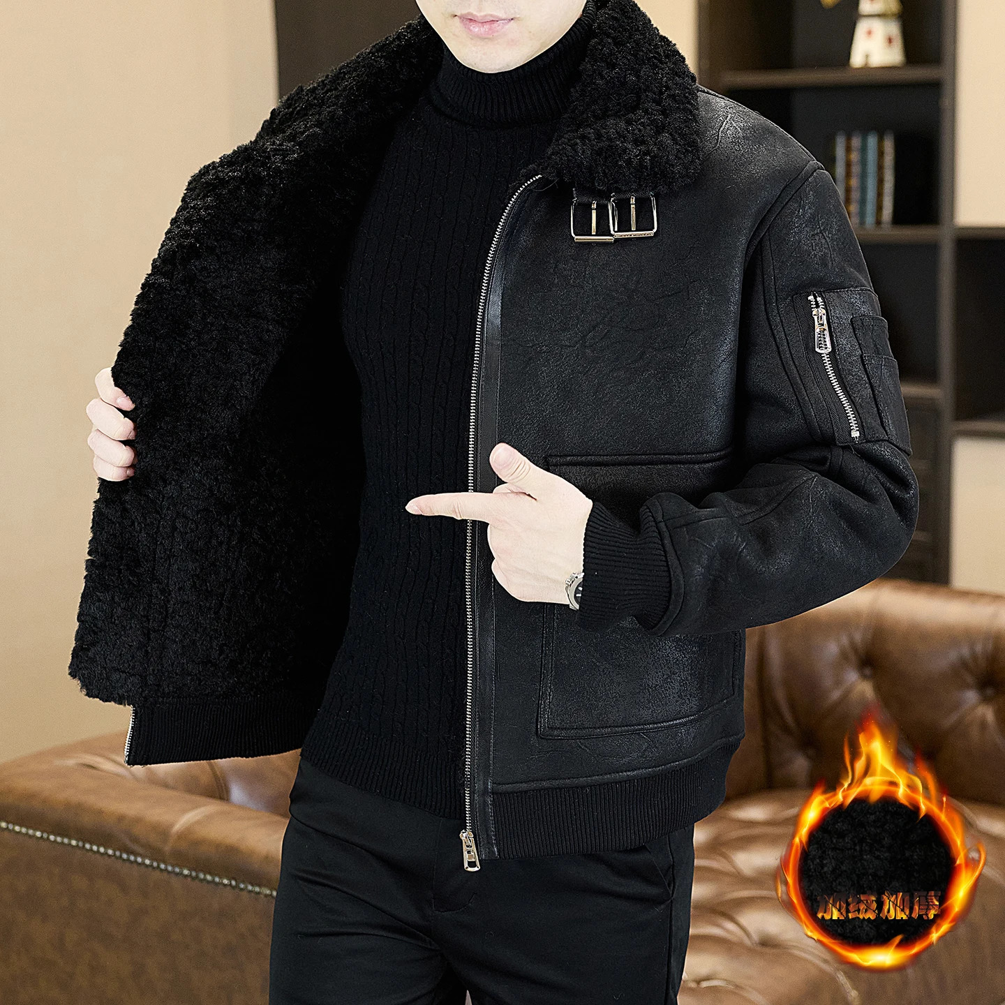 A high-quality fashionable and stylish mens fur coat with a thick and fleece fur collar and loose jacket for winter 251222