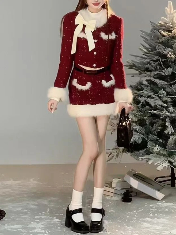 Winter Womens Two Pieces Set Red Tweed Suit with Blazer and Skirt Buttons Chic French Fashion for Casual Formal Events 251211