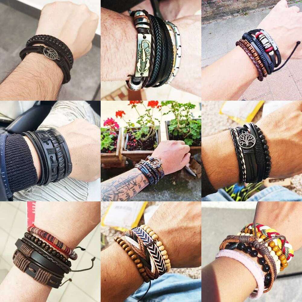 MeMolissa 3/4Pcs/ Set Braided Wrap Leather Bracelet for Men Vintage Life Tree Guitar Wood Beads Fashion Male Bracelets Wristband 25T1226