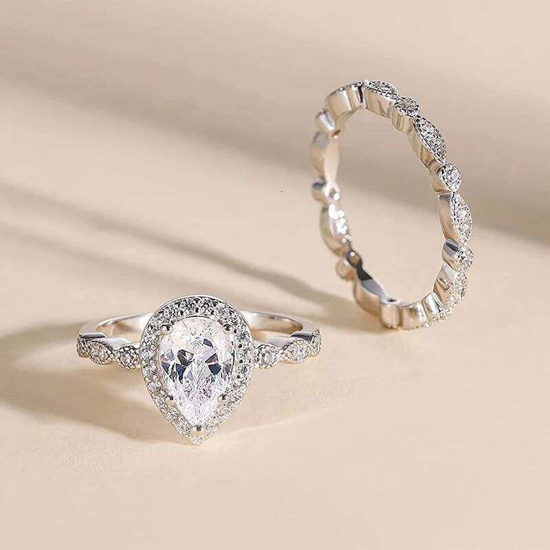 Huitan Waterdrop Cubic Zirconia Luxury 2Pcs Set Jewelry for Women Engagement Wedding Eternity Love Rings Trend Accessories