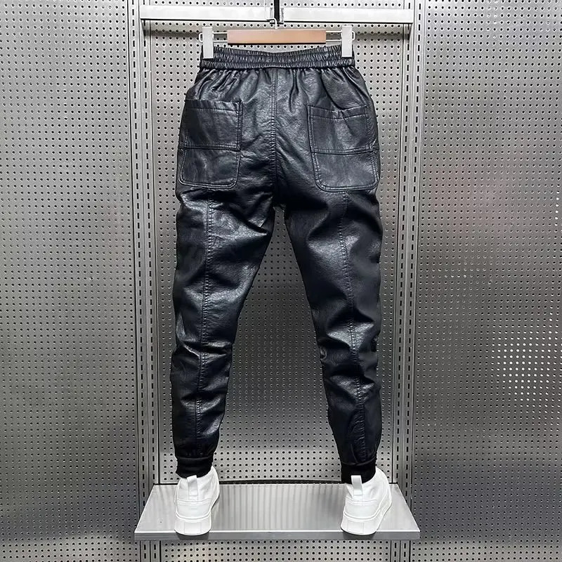 Hip Hop Mens Leather Pants Harajuku Retro Loose Casual Trousers Straight Solid Color Black Streetwear Motorcycle Pan 251226