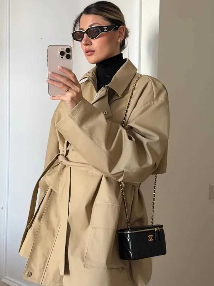 Women Casual Solid Lace Up Overcoats Female Lapel Double-breasted Long Sleeve Windbreaker 2025 New Fashion Autumn StreetwearT251226