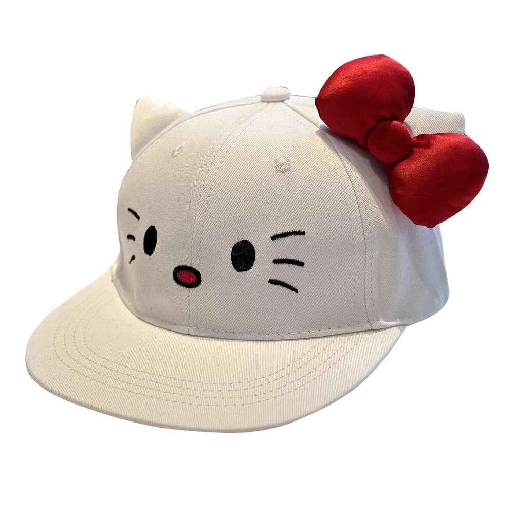 Women Baseball Cap Cute Kitty Cat Embroidered Bow Flat Brim for Protection Summer Cartoon Versatile Sunshade Sun