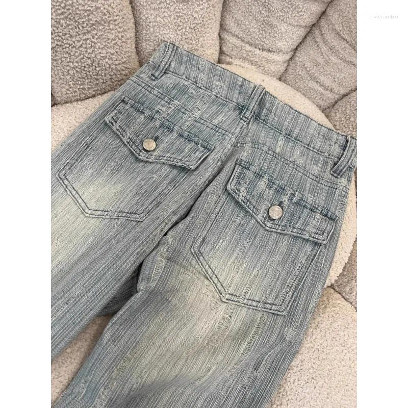 Women's Jeans 2026 Women Light Blue Textured Distressed Wide Leg High Waisted Denim Pants Spring Loose Fit Fashion Casual Trousers Z260313