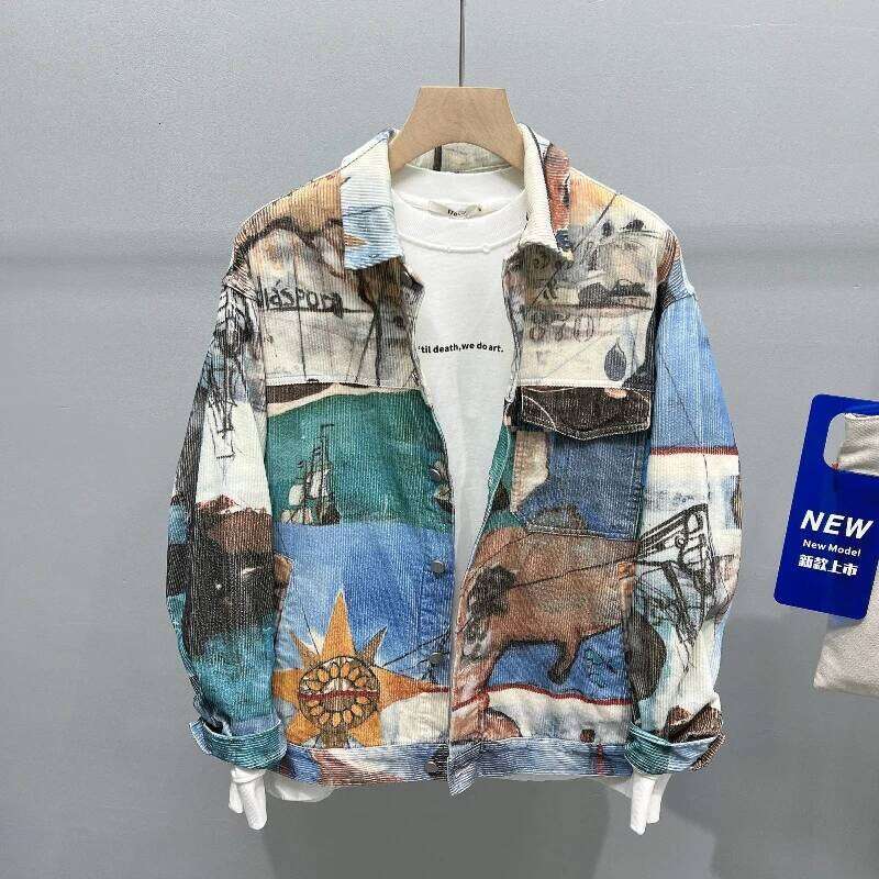 Original Jacket Korean Port Style Printed Lapel Trend Casual Loose Coat Men's New China-Chic