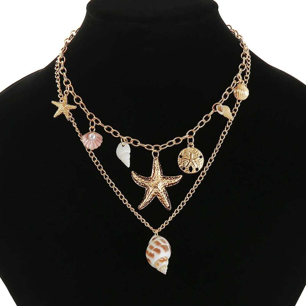 MHS.SUN Summer Shell Starfish Conch Pendant Necklace for Women Bohemian Metal Gold Color Chic Beach Jewelry Vacation Party Gift 25N1226