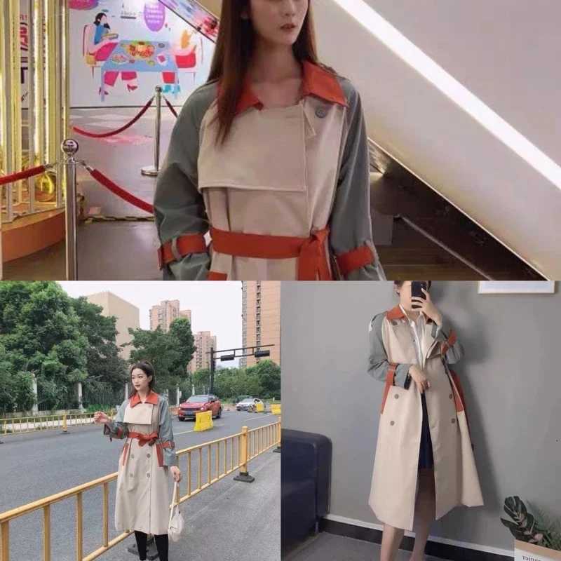 Women Fashion Stitching Contrast Color Trench Coat Ladies Streetwear Trendy Lapel Long Sleeve Double Breasted Jackets OuterwearT251226