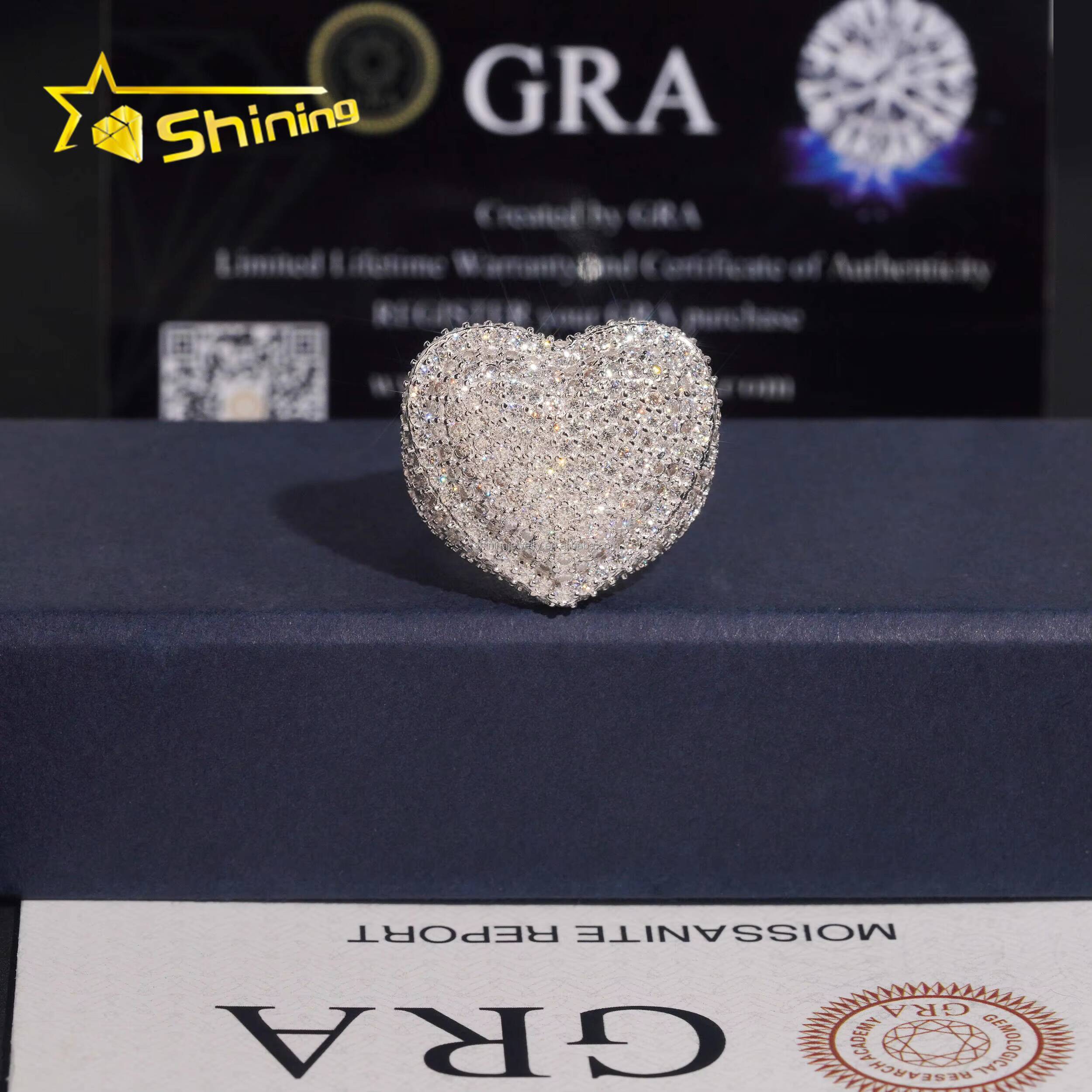 Bulk Stock New Arrivals Drop Shipping Hip Hop Fire Jewelry S925 Solid Silver Fully Iced Out VVS1 Moissanite Diamond Heart Ring