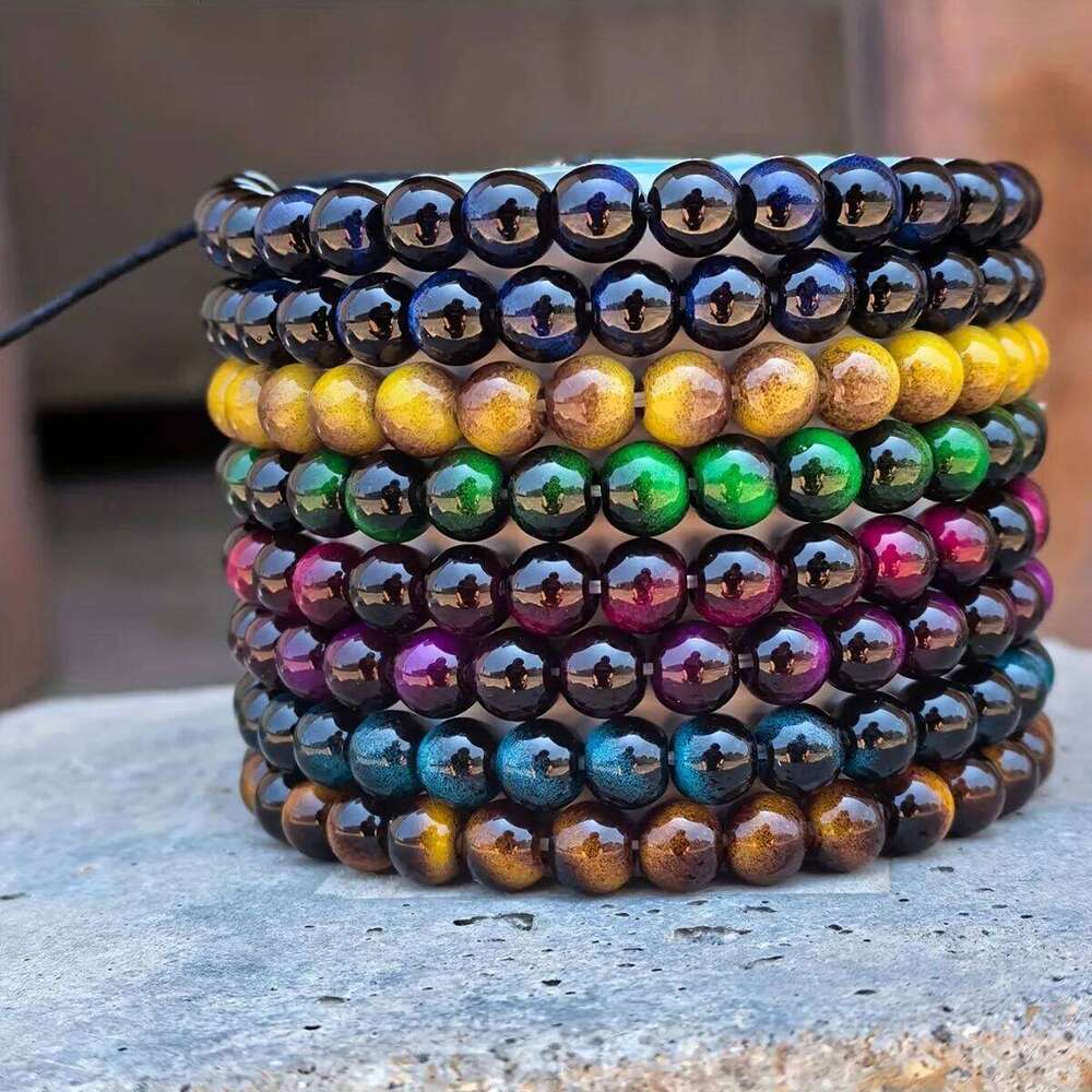 7pcs Glass Colorful Tiger Eye Women Men Couple Good Luck String Beads Braided Bracelet Bangles Unisex Gifts Fo 25T1226