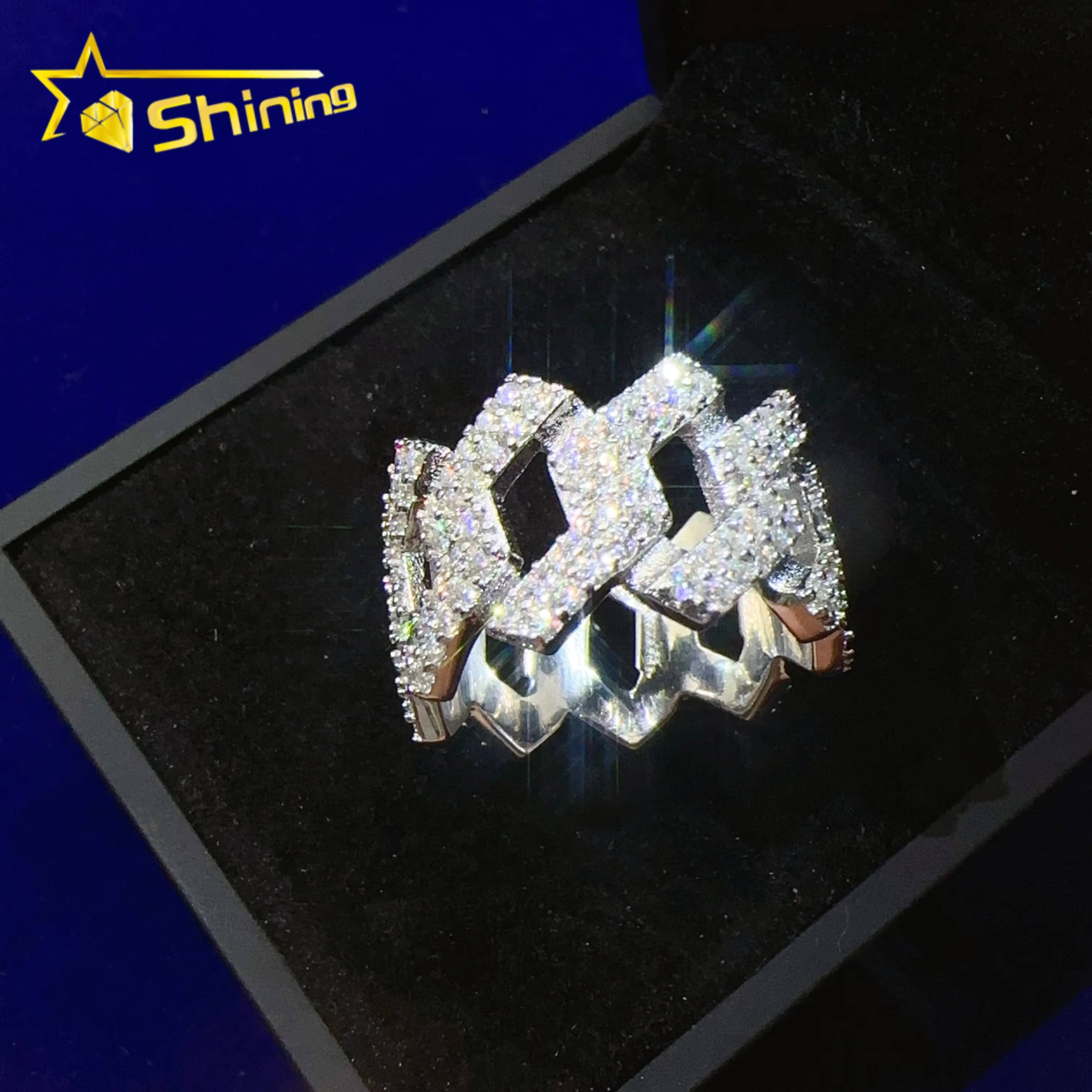 Bulk Stock Iced Out Round Diamond Hip Hop Cuban Rings Solid Silver Men Miami Cuban Band Ring VVS Moissanite Diamond Rapper