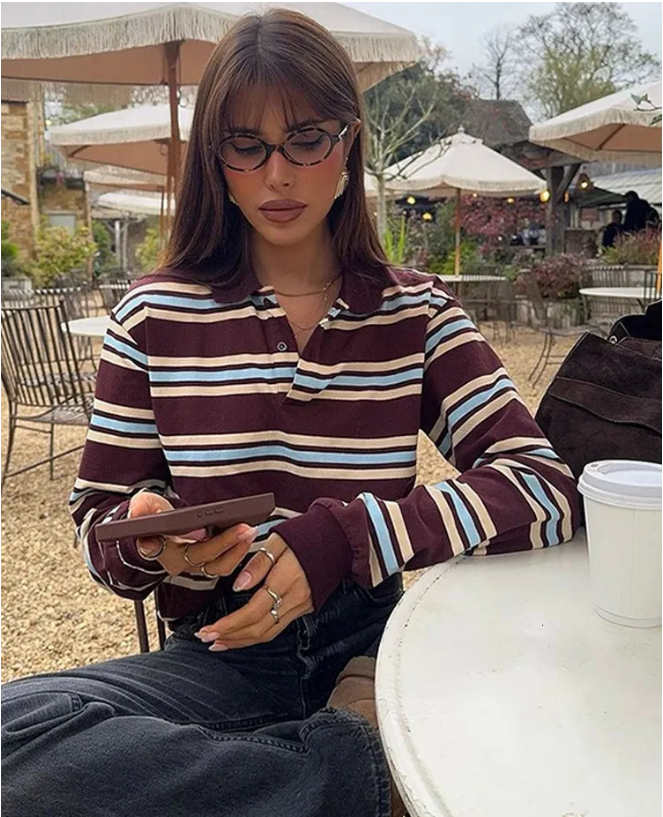 Fashion Stripe Womens T-shirt Casual Long Sleeve Female All Match Polo Shirt 2025 Spring Ladies Loose Tops High Street
