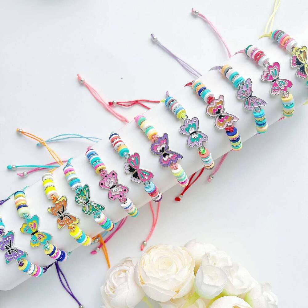 12Pcs/set Exquisite And Cute Colorful Butterfly Decor Adiustable polymer Clay Beaded Bracelet For Festivals &Birthday Gifts 25T1226