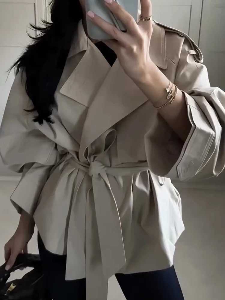 FSMG Casual khaki Lace Up Belted Waist Trench Coats Elegant Loose Lapel Full Sleeves Cropped Overcoat Lady High Street OuterwearT251226