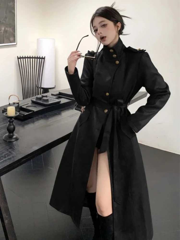 Autumn Vintage Fashion Black Leather Trench Coat Women Gothic Punk Moto Biker Long Jackets Y2k Harajuku Slim Streetwear Tops NewT251226