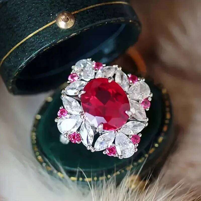 Huitan Red Cubic Zirconia Women for Wedding Silver Color Luxury Elegant Lady's Rings Anniversary Party New Trendy Jewelry