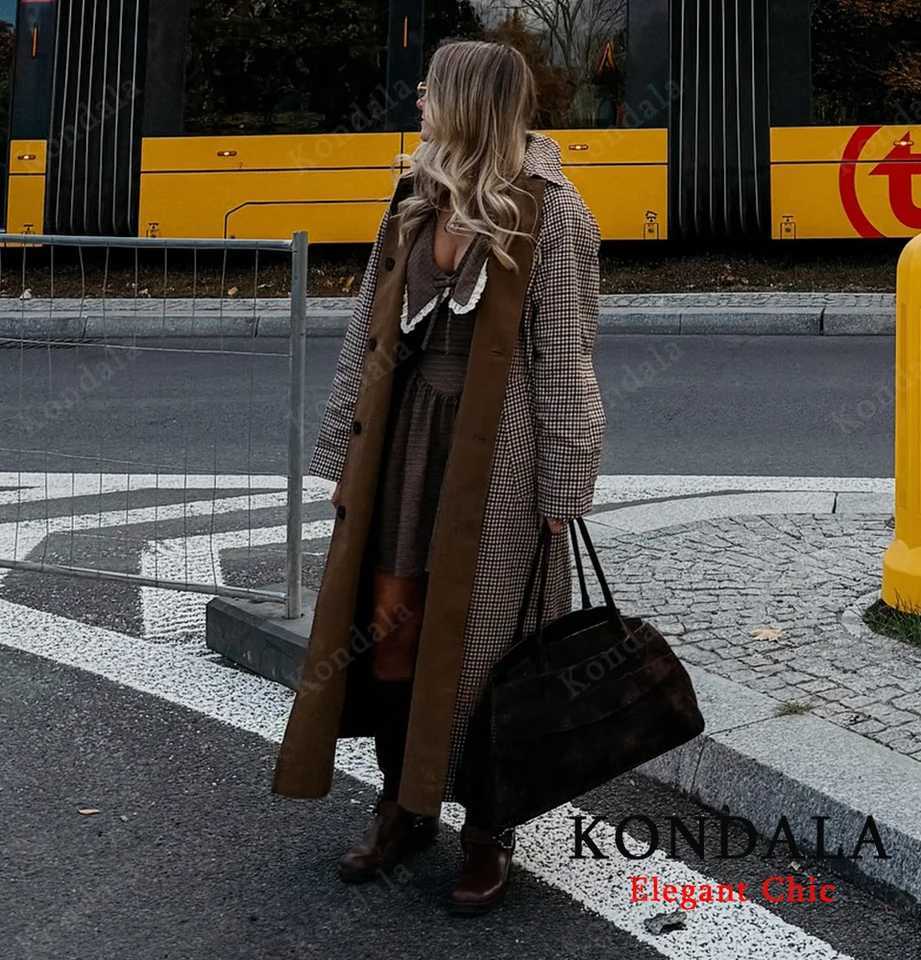 KONDALA Urban Vintage Trench Coat Womens Fall Winter Brown Reversible Wear Long Coat 2025 Fashion Elegant Commute Ladies CoatT251226