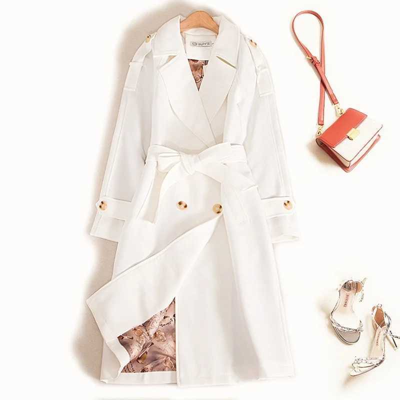 Trench Coat Womens Long Windbreaker Spring Autumn Double-breasted Belt Outerwear White Pink Black Blue Camel Casual OvercoatT251226