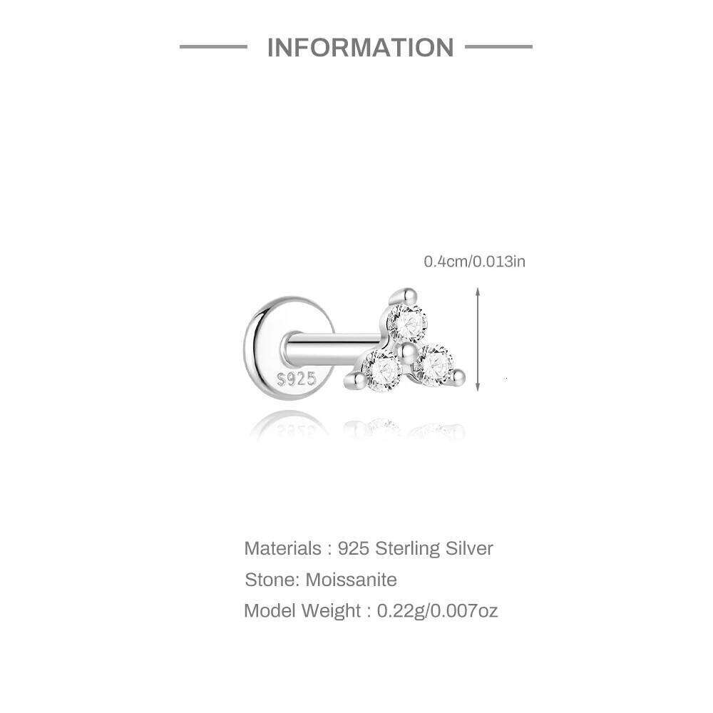 CANNER 1PC 2/3/4mm 4-Prong Moissanite Threaded Cartilage 925 Sterling Silver Stud Earrings For Women Ins Piercing Jewelry Gift 25H1226