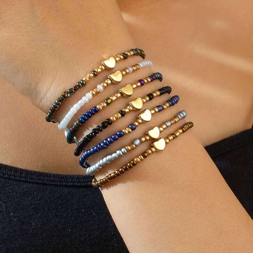 7Pcs Colorful Rice Beads Bracelet Set For Women Fashion Heart Charm Elastic Beaded Chain Bangle Female Trendy Jewelry Gift 25T1226