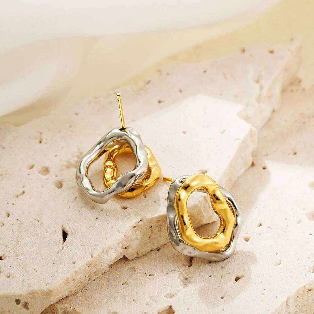 Geometric Stainless Steel Gold Sliver Color Bilayer Stud Earring for Women Irregular Metal Texture Fashion Jewelry Gift 25H1226