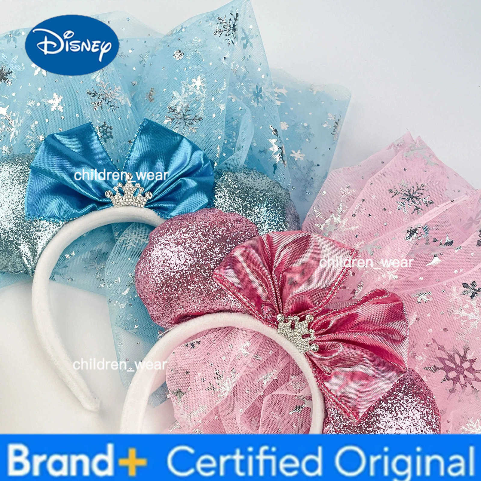 Disney White Wedding Mickey Mouse Headband Frozen Elsa Princess Ears Blue Veil Headband Womens Sequin Bow Crown Park Tiara H251226