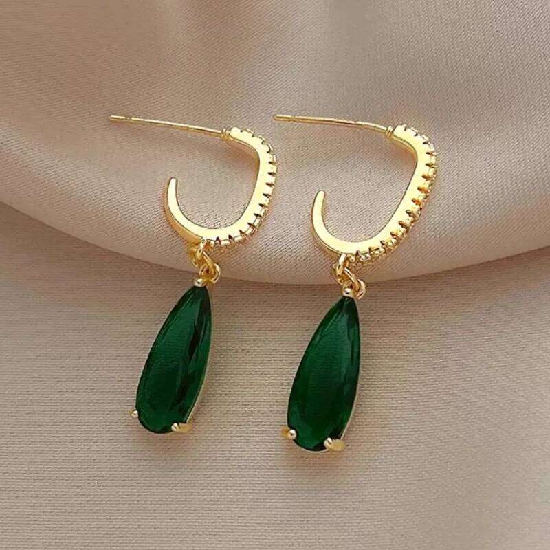 Huitan Fashion Luxury Women Pendant Earrings with Bright Green Cubic Zirconia Simple Design Accessories for Anniversary Ceremony