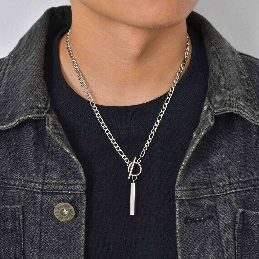 Casual Men's Necklace,Silver Color Stainless Steel Vertical Bar Geometric Collars,Simple Easy Button Collars 25N1226