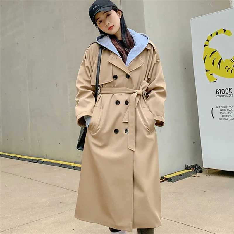 White Khaki Black Loose Trench Coat Women Spring Autumn Double-breasted Removable Hood Long Windbreaker Female Belt OuterwearT251226