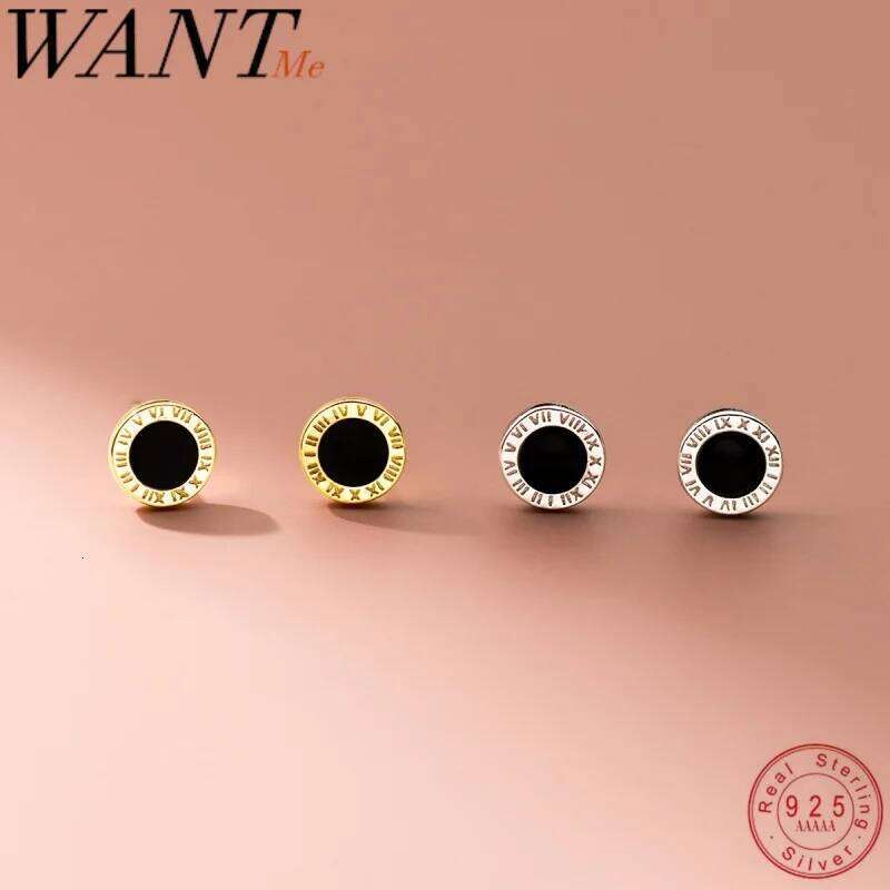 WANTME 925 Sterling Silver Gothic Black Enamel Roman Numeral Stud Earrings for Men Women Fashion Ear Bone Jewelry Accessories 25H1226