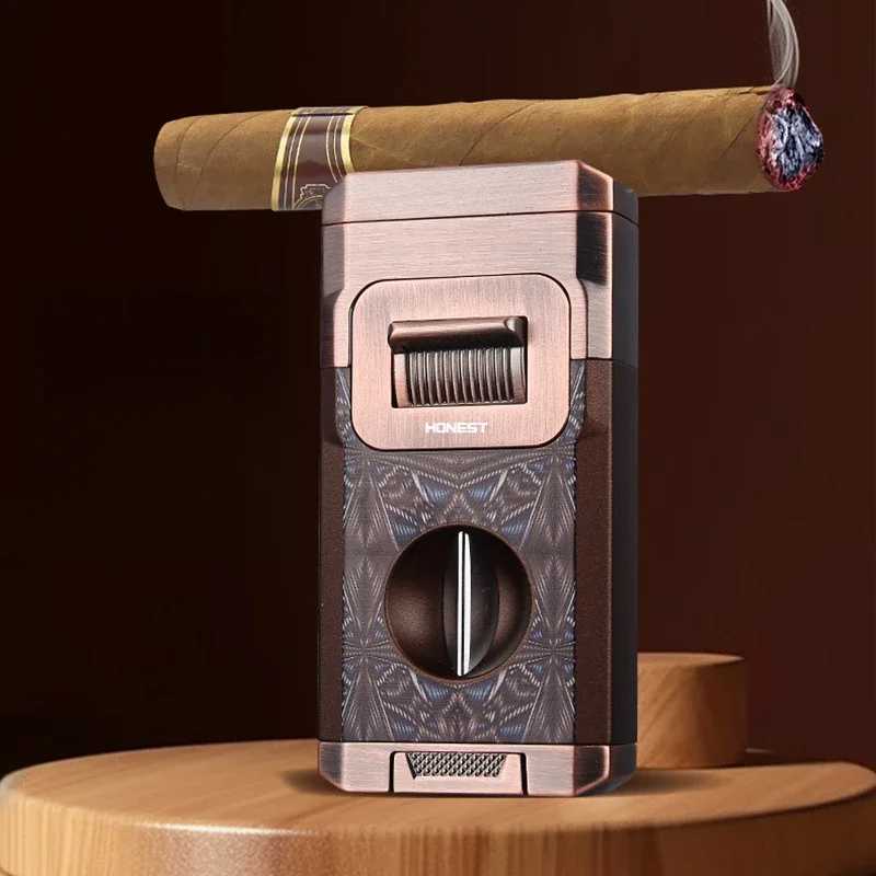 HONEST Stylish Luxury Cigar Lighter V Shape Knife Cigar Holder Dual Nozzle Flame Butane Refillable Torch Gas Lighter Smoker Gift Y251218