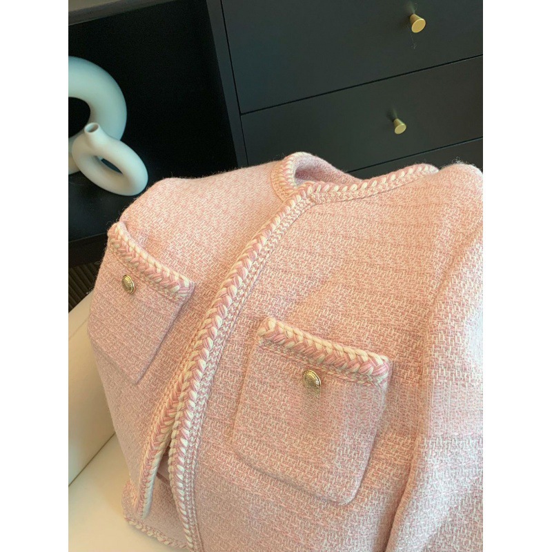 Elegant Tweed Jacket Women Sweet Cropped Pink Coat Winter Korean Single Breasted Blazer Ladies Vintage Short Outerwear