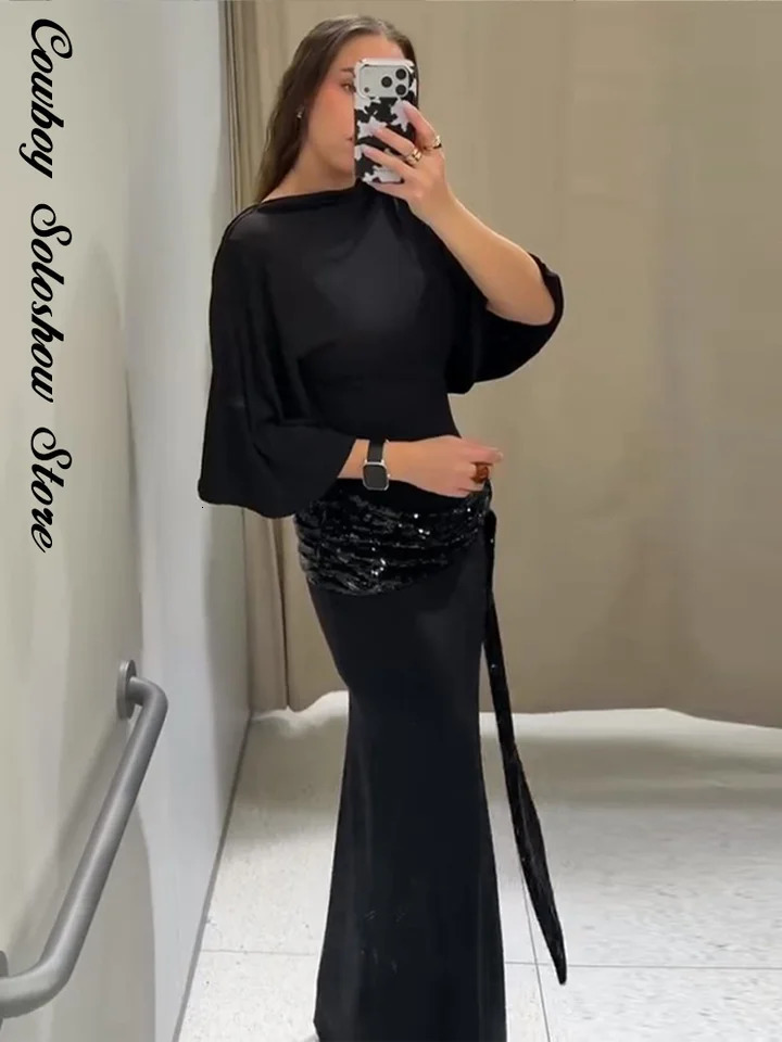 Women Backless Sequin Patchwork Maxi Dress Elegant Wide Sleeve Long Gowns Feminine Fashion Evening Party Daily Robes 2025 251225