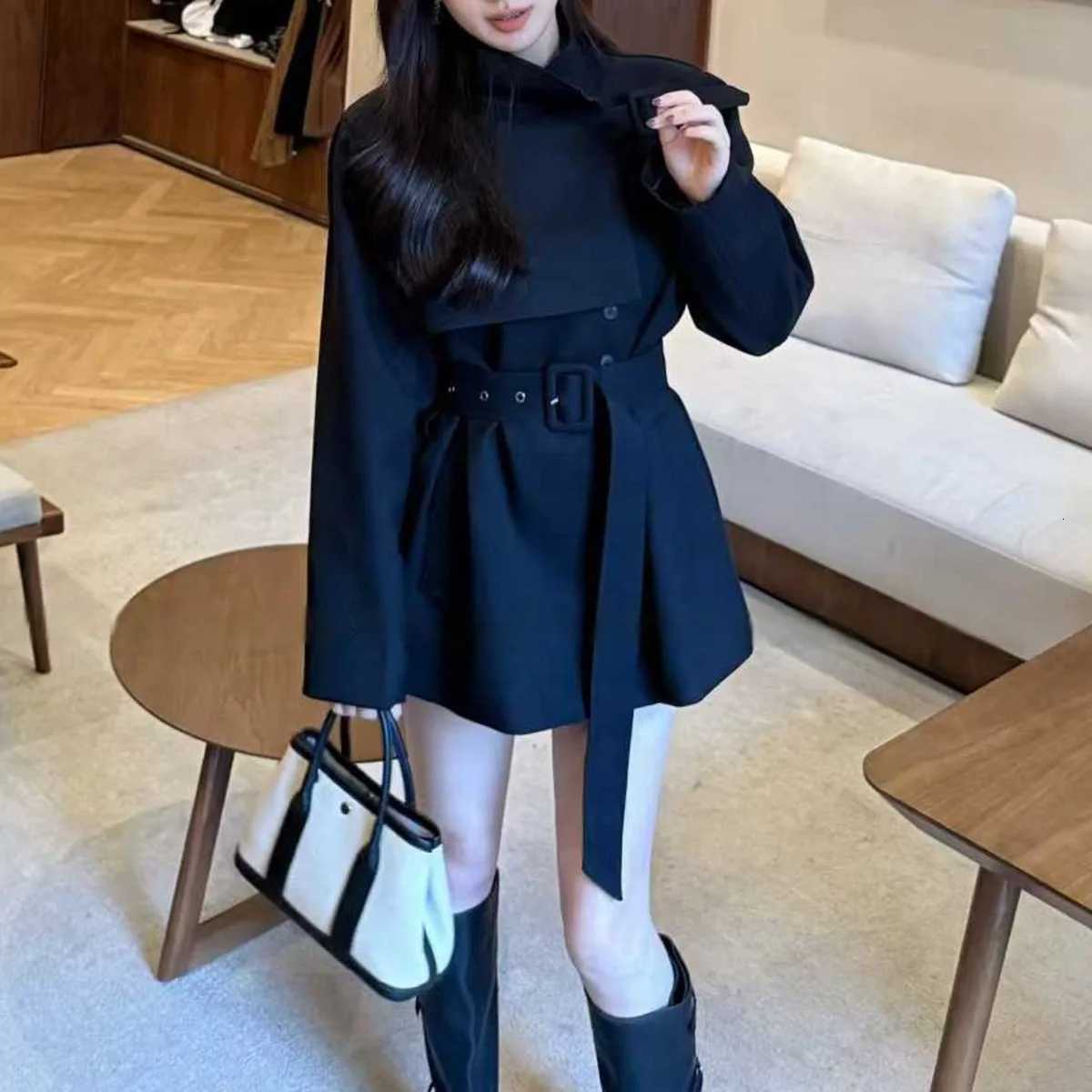 KWTX 2025 Womens Casual Short Trench Coat Autumn Winter Solid Color Single Breasted Stand Collar Belted Pockets VintageT251226