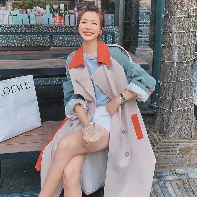 Women Fashion Stitching Contrast Color Trench Coat Ladies Streetwear Trendy Lapel Long Sleeve Double Breasted Jackets OuterwearT251226