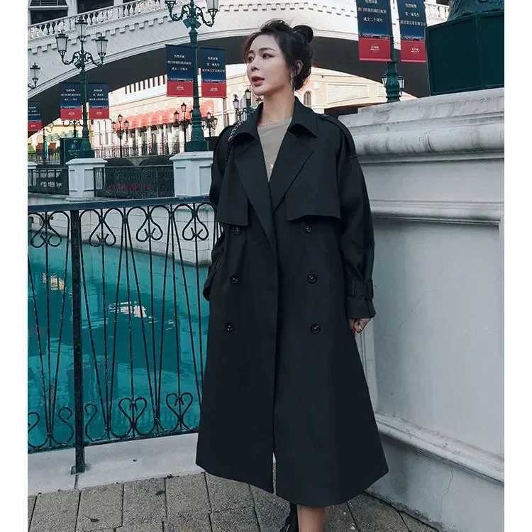 Black Khaki Womens Trench Coat 2025 Spring Autumn New Temperament Lapel Long Overcoat Female With belt Casual Windbreaker CoatsT251226