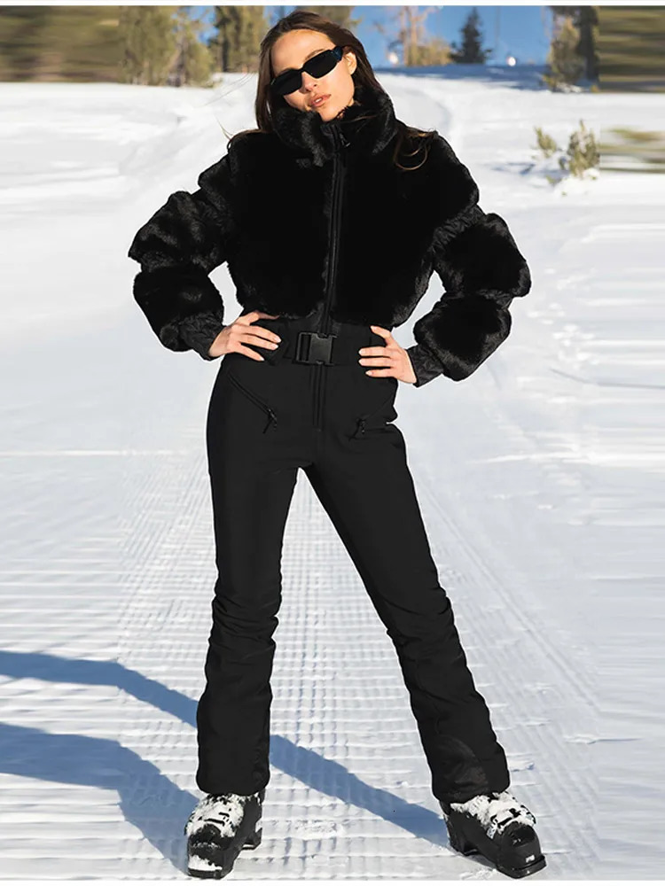 Women Fuax Fur Splicing Zipper Jumpsuit Long Sleeved Solid Color Waistband warm Jacket Fashion Winter Ski Sportswear 251225