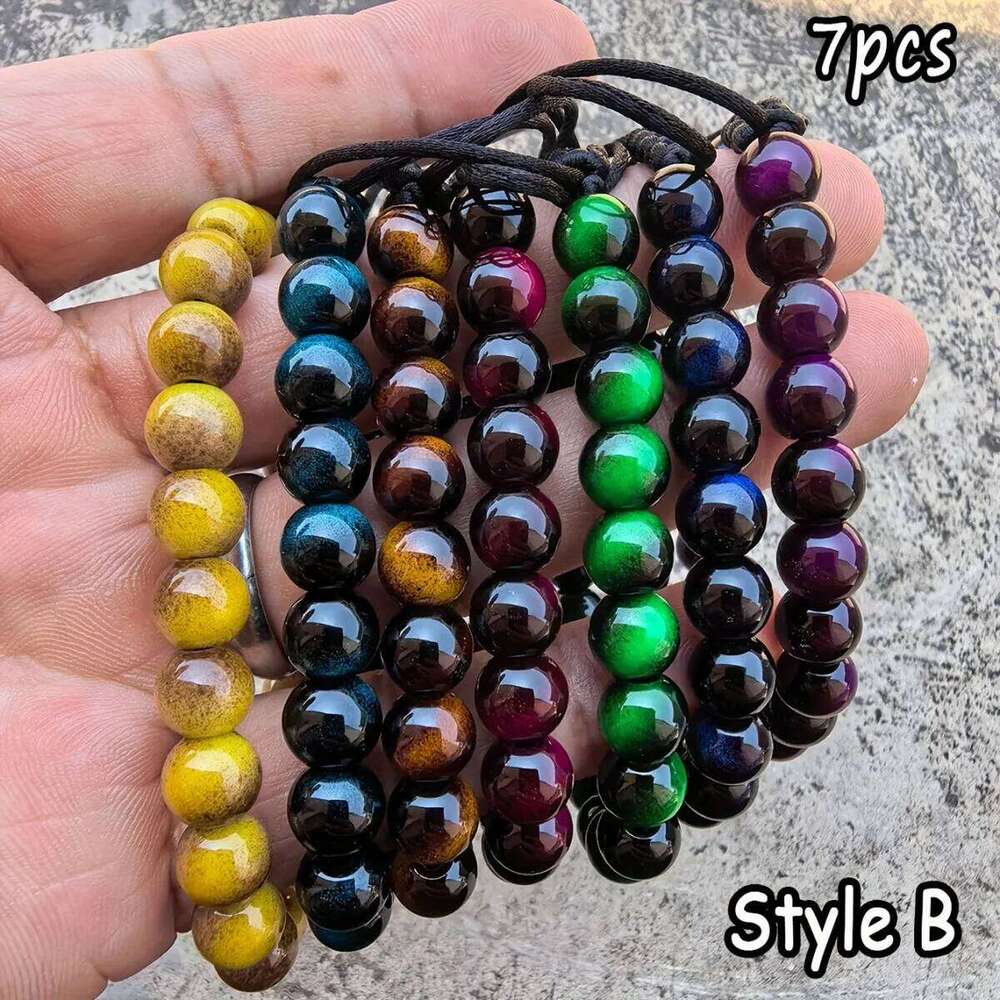 7pcs Glass Colorful Tiger Eye Women Men Couple Good Luck String Beads Braided Bracelet Bangles Unisex Gifts Fo 25T1226